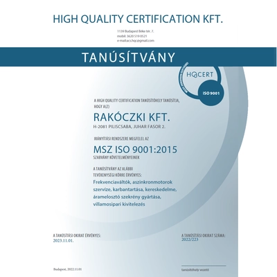 Rakóczki Kft. ISO 9001 tanúsítvány 2023